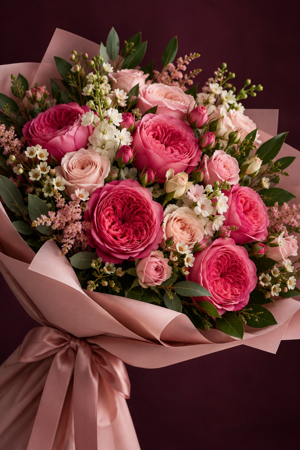Ramo de rosas rosas con flores blancas y follaje